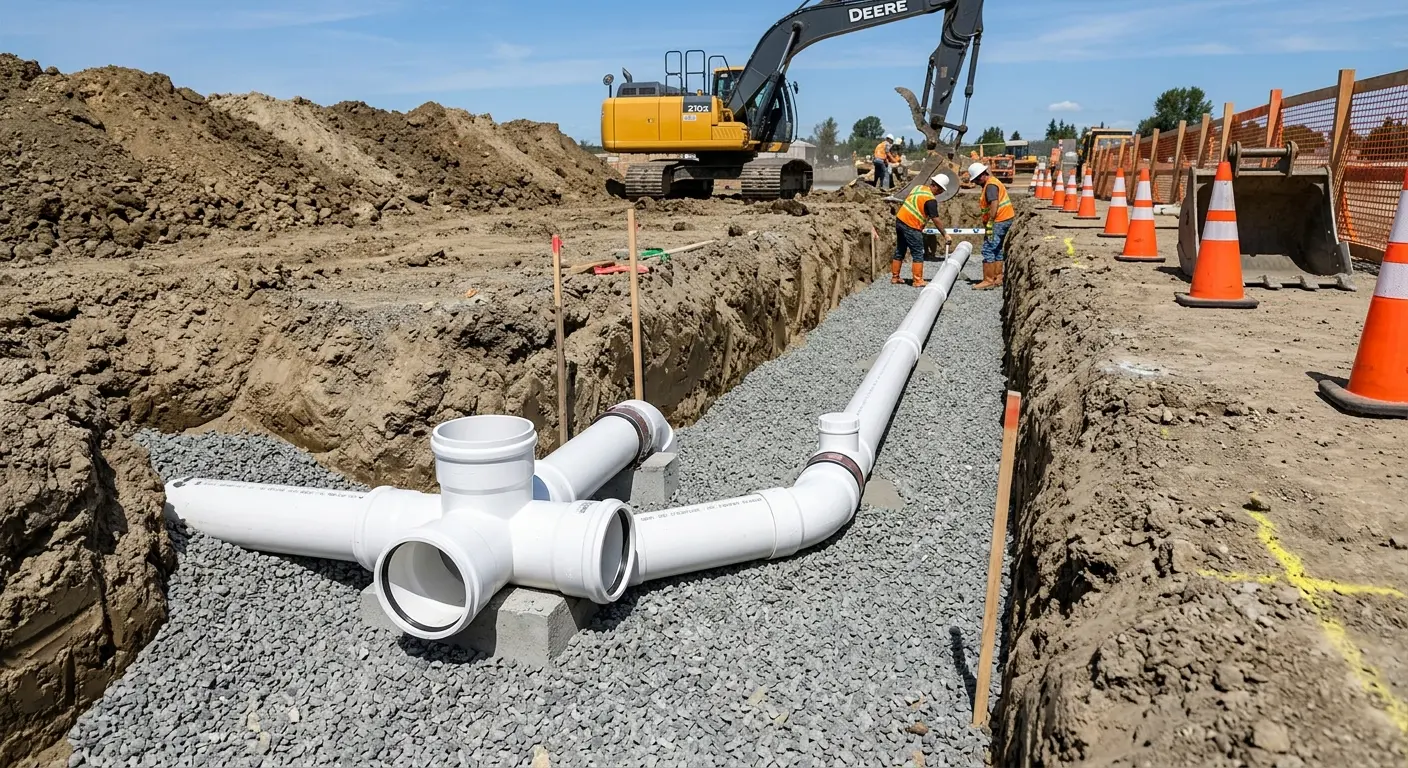 New PVC sewer pipe installation in open trench for Commercial Drain Cleaning in Ammon