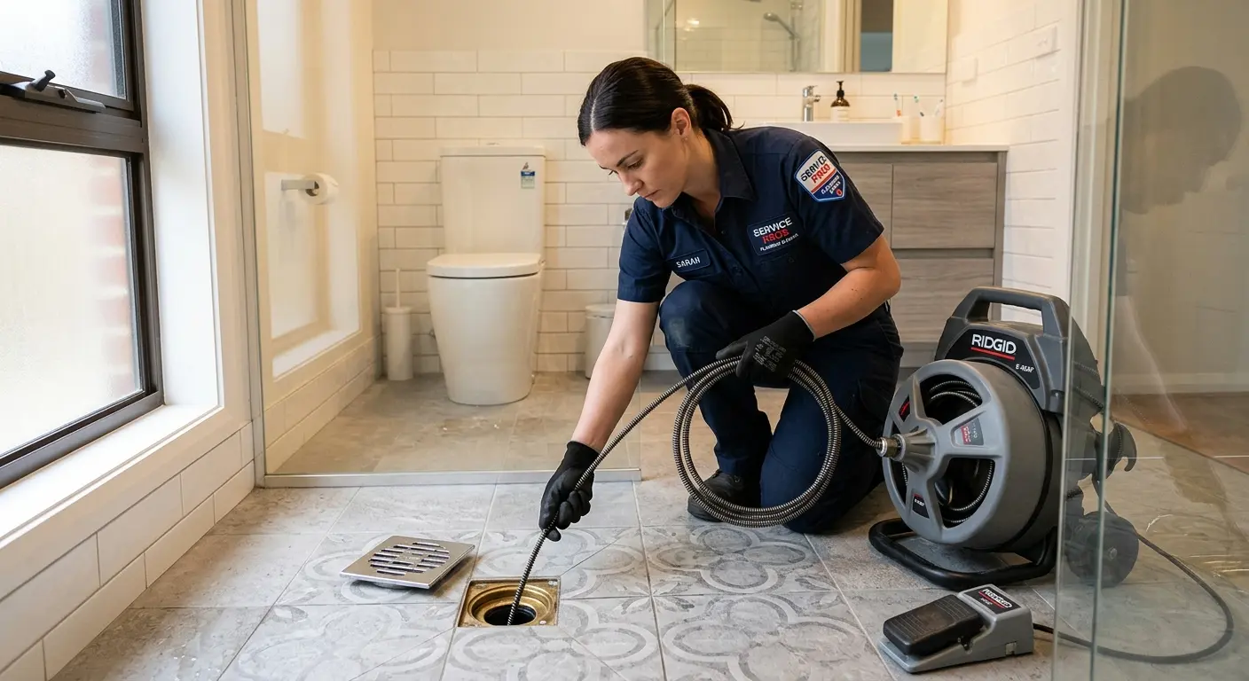 Technician clearing a bathroom floor drain for Clogged Drain Repair in Ammon
